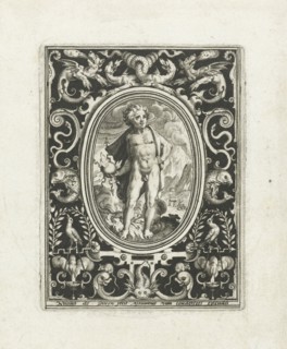 Element fire as a young man standing with thunderbolt in his hand in landscape with smoking