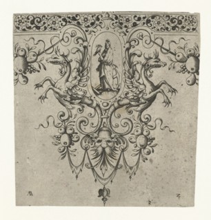 Ornament featuring a winged creature and a woman holding a bird, Germany, Anonymous, 1615