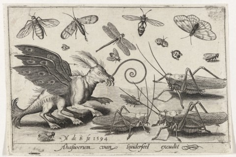 Locusts and fantasy creature with wings and webbed, Nicolaes de Bruyn, 1594