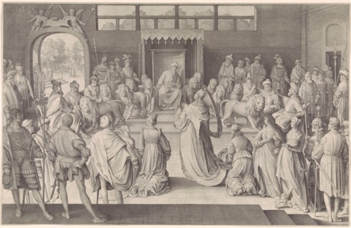 The Queen of Sheba kneels before King Solomon in the throne room, on either side of the throne of