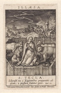 St. Thecla of Iconium surrounded by a lion, a bear, a bull and a deer, in the background she is on
