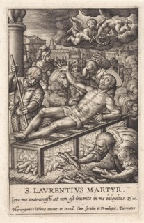 St. Lawrence laying on a lattice, a fire burns, his executioners stoke the fire, the prefect is