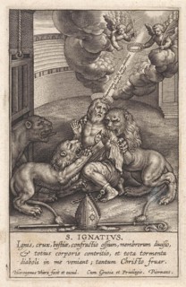 In an amphitheater, St. Ignatius, third bishop of Antioch, torn by lions, at its heart the monogram