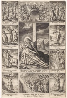 Pieta surrounded by scenes of crucified martyrs, Hieronymus Wierix, 1597 - 1619