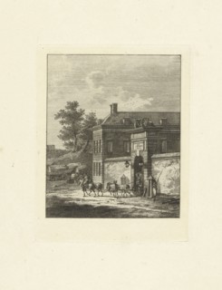 From a gate of a fort rides a chariot, next to the gate is a soldier on guard, print maker: Joannes