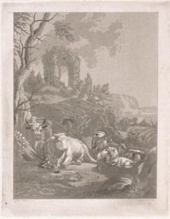 Cows, goats and sheep in a mountainous landscape with ruins, Diederik Jan Singendonck, 1814
