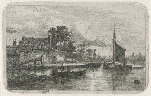 Sailing ship on the waterfront, Hermanus Jan Hendrik van Rijkelijkhuysen, 1823-1883