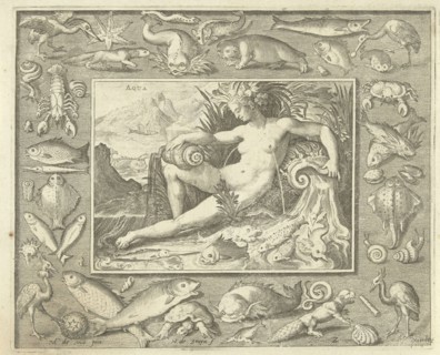 Element water as naked woman sitting near a well with fish, water flowing from her breasts, in