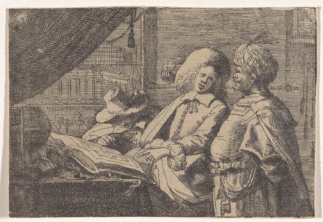 Three men around a book in an office, Anonymous, 1600-1700