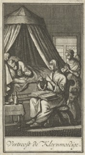 Praying figures at the bedside of a sick person, Jan Luyken, Barent Bos, 1714