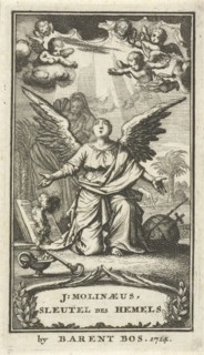 Angel praying with outstretched arms to God, Jan Luyken, Barent Bos, 1714