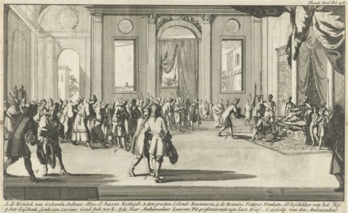 Laurens Pit visit Sultan Abul Hasan Qutb Shah of Golkonda to give him a commission, India, print