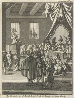 King of Golkonda visiting Dutch in their church, India, Jan Luyken, Jan Claesz ten Hoorn, 1693
