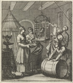 Five handmaidens see a magpie in a cage, Aart Wolsgrein Jan Luyken, 1693