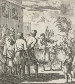 An executioner is ready to flog a prisoner, a hermit designate the court the person that has robbed
