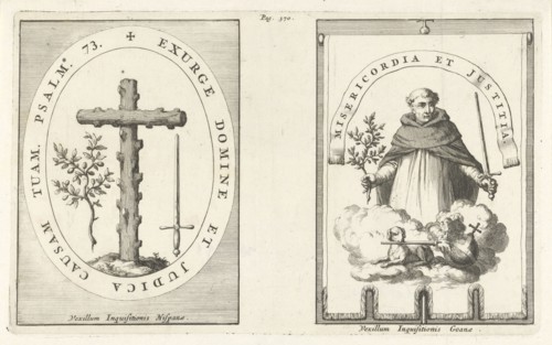 Medallion with cross of knotty wood, St. Dominic with sword and olive branch in hand, Jan Luyken,