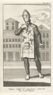 Convicted person in sackcloth, with miter, Jan Luyken, Henricus Wetstein, 1692