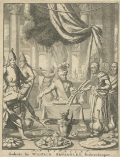 Two priests offer a king a book during a meal, Jan Luyken, Willem Broedelet, 1692