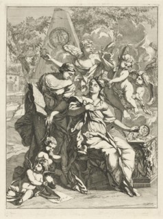 Two allegorical female figures surrounded by angels in front of a memorial, Caspar Luyken, 1691
