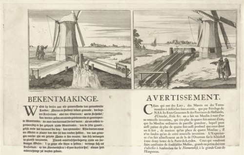 Announcement of a new type of water mill, ca. 1691, print maker: Caspar Luyken, 1691