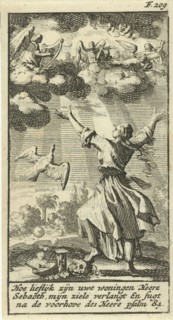 Woman listening with outstretched arms to the choir of angels in the clouds above her, Jan Luyken,