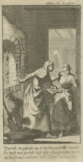 Two women retrieve a book undamaged from the fire, print maker: Jan Luyken, Dating 1691