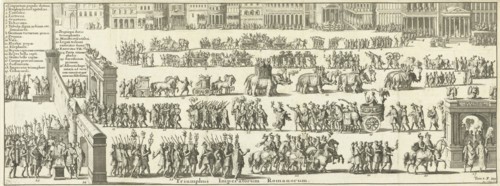 Triumphal procession over a square, Jan Luyken, FranÃ§ois Halma, 1690