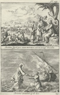 Miraculous multiplication of loaves and fishes by Christ and Christ on the water, Jan Luyken, Jan
