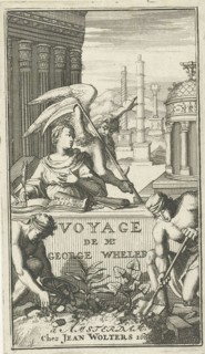 Father Time pointing out classic monuments to a woman who is writing, print maker: Jan Luyken,
