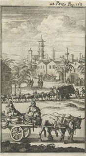 Oxen pulling carts laden with goods and people, in the background an Indian city can be seen, Jan