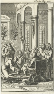 Foot Washing of travelers in a monastery in Jerusalem, Jan Luyken, Charles Angot, 1689