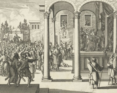 Man negotiates on throne with the leaders of the rebellious Janitzaren at Constantinople, Jan