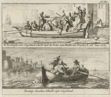 Flight of the king and queen to France, 1688, Jan Luyken, Jurriaen van Poolsum, 1689