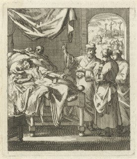 Three people at a sickbed, behind the sick person Death appears, Jan Luyken, wed. Pieter Arentsz