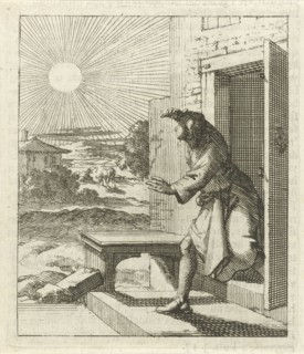 Man protects his eyes from the sun when he walks out, Jan Luyken, wed. Pieter Arentsz (II), 1689