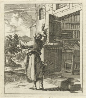 Man has left his study to see beyond the sky, Jan Luyken, wed. Pieter Arentsz (II), 1689