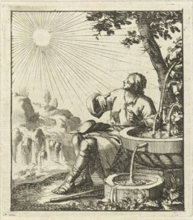 Man sitting next to a fountain, contemplating the sun, Jan Luyken, wed. Pieter Arentsz (II), 1689