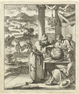 An elderly man makes for four young figures dimensions on a terrestrial globe, Jan Luyken, wed.