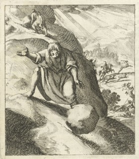A man looks at a big stone rolling down a mountain after it slipped out of his hands, Jan Luyken,
