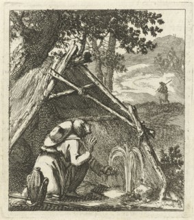 Traveler next to a well before a straw hut, print maker: Jan Luyken, wed. Pieter Arentsz II, 1689