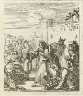 Diogenes find Satan disguised as merchant, in the background Christ is surrounded by figures, Jan