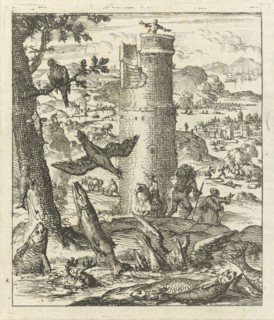 Fish gasping for air on dry land, in the background is a man on a high tower, Jan Luyken, wed.