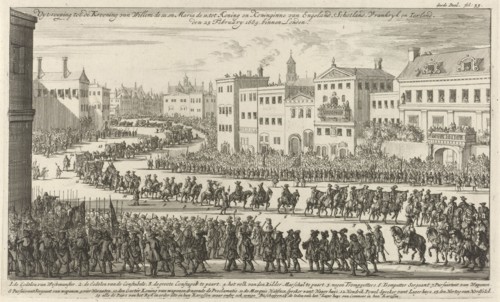 Exclamation of the coronation of the Prince and Princess of Orange, 1689, Jan Luyken, 1689-1691