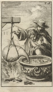Two men attentively watching the bubbles caused by gases with water in a cooling vessel, Jan