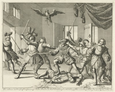 John and Alexander Ruthven slain during a battle with James I of England, 1600, Jan Luyken, 1679 -