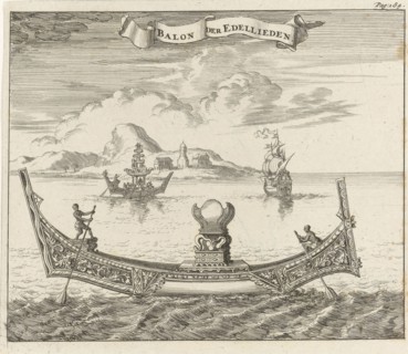 Boat of noblemen in Siam Thailand, Jan Luyken, Aart Dircksz Oossaan, 1687