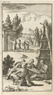 In front of a straw hut a man reads to three pilgrims, Jan Luyken, Johannes Boekholt, 1687