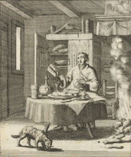 The writer William Shutter sits at a table and sings after meals from a Psalter, Jan Luyken,