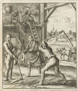 The writer William Shutter visits two farmers in a threshing barn, Jan Luyken, Gerbrandt Schagen,