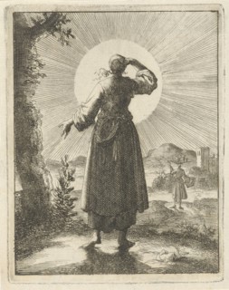 Woman holds her hand before her eyes while looking at the sun, Jan Luyken, Pieter Arentsz (II),